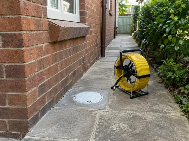 Capped inspection opening on a paved side path beside a brick house and yellow drain camera reel in Rose Bay