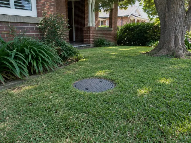 Flush circular sewer access cover in a grassy front yard beside a brick house in Rose Bay